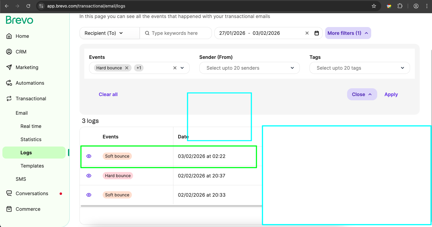Germany test: Brevo logs showing soft bounce