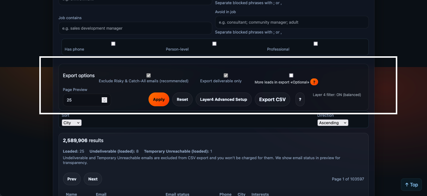MyCQL export options and Layer 4 filtering controls