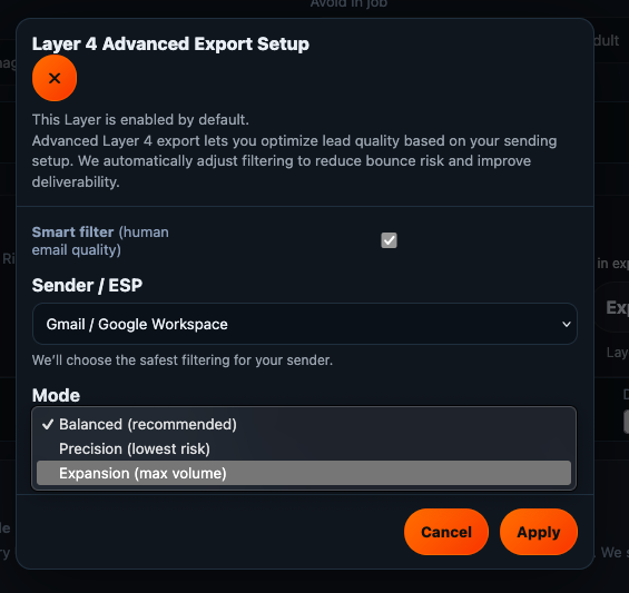 MyCQL Layer 4 advanced export setup with balanced and precision modes