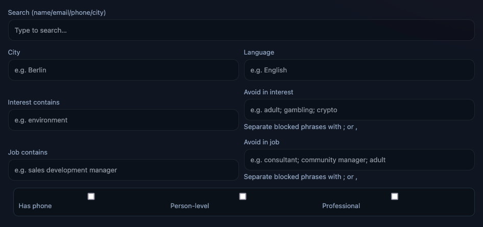 MyCQL contact filtering interface for city, language, interests, and job filters